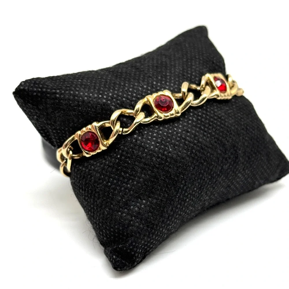 Vintage Goldtone Link Bracelet with Red Rhinestones